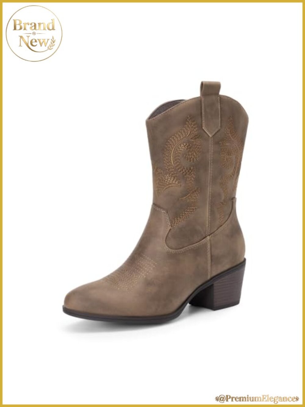 Mid Calf Western Cowboy Boots Faux Leather Cuban Heel Embroidered